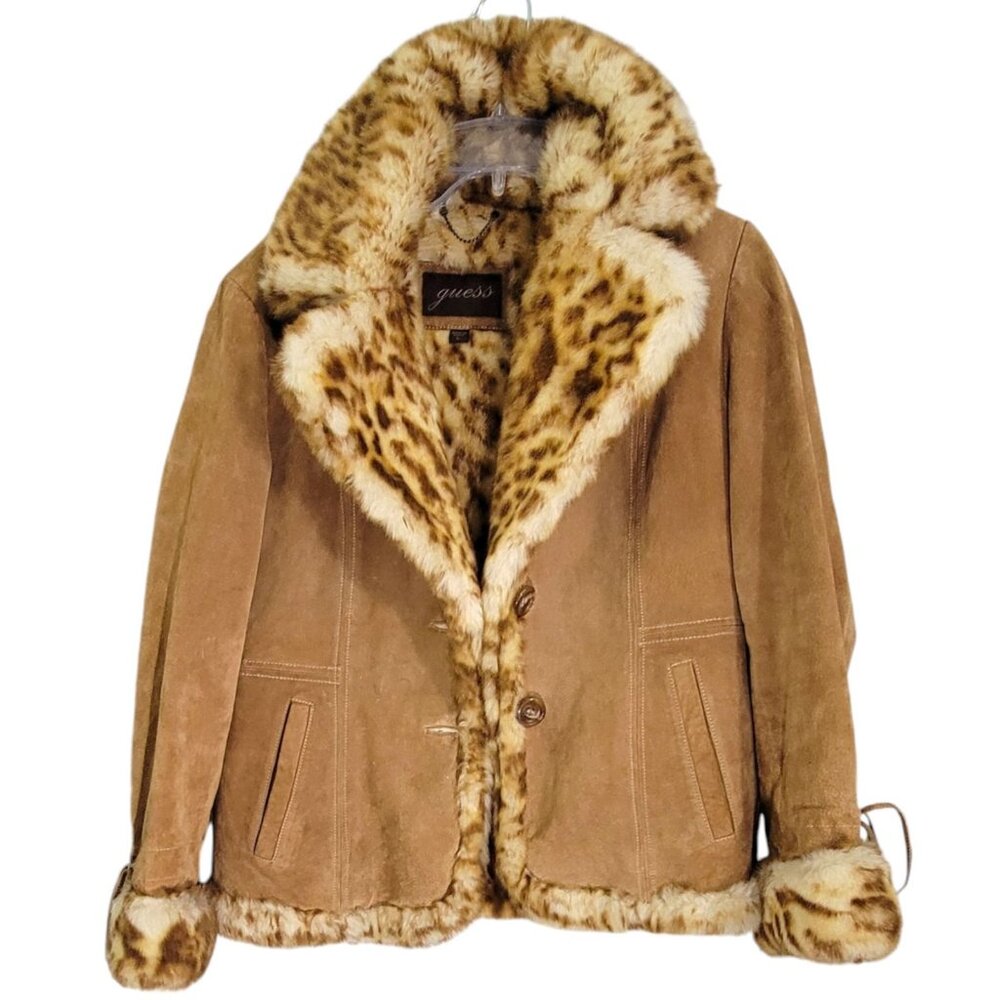 Vintage Guess Women's Genuine Leather Jacket Faux Fur Lined Long Sleeve Size L - Picture 1 of 14